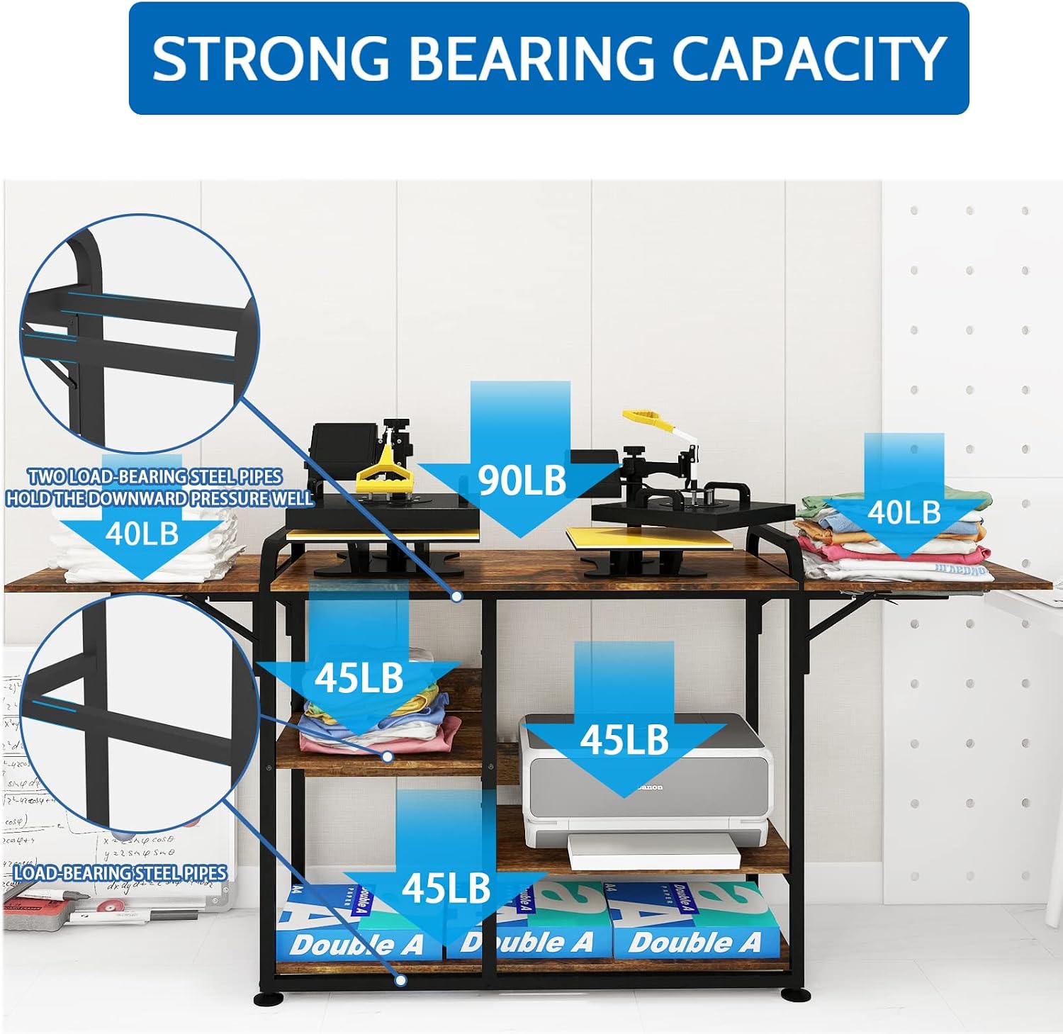 PUNCIA Large 3 Tier DIY Heat Transfer Press Machine Stands Heavy Duty Workbench with Folding Working Table for Sublimation Transfer Machine Metal Shelf Storage Organization