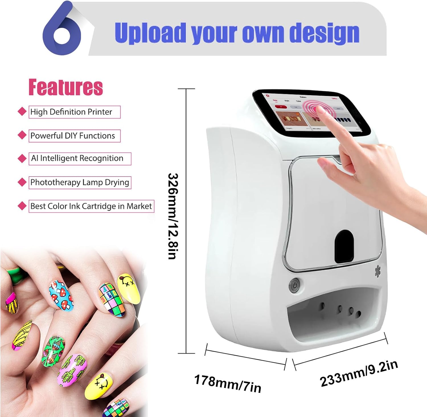 3D Digital Nail Printer,Digital Mobile Nail Art Printer with Touch Screen Display for Girls' Home Nails,Weddings,Nail Art Studio,White