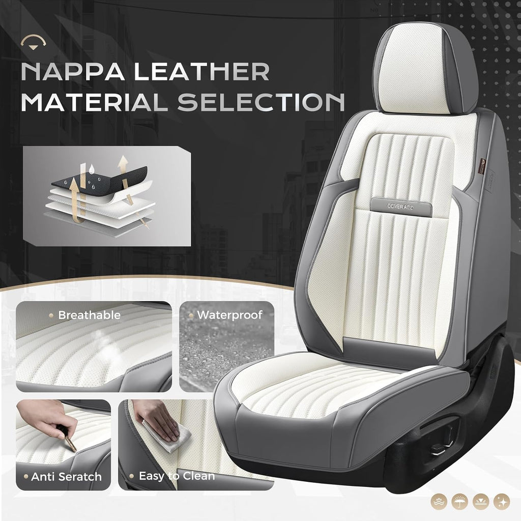 Coverado Car Seat Covers Front Seats, Seat Covers for Cars, Car Seat Protector, 2-Pack Car Seat Cushion Nappa Leather, Waterproof Seat Covers Carseat Cover Universal Fit for Most Cars(Gray&White)