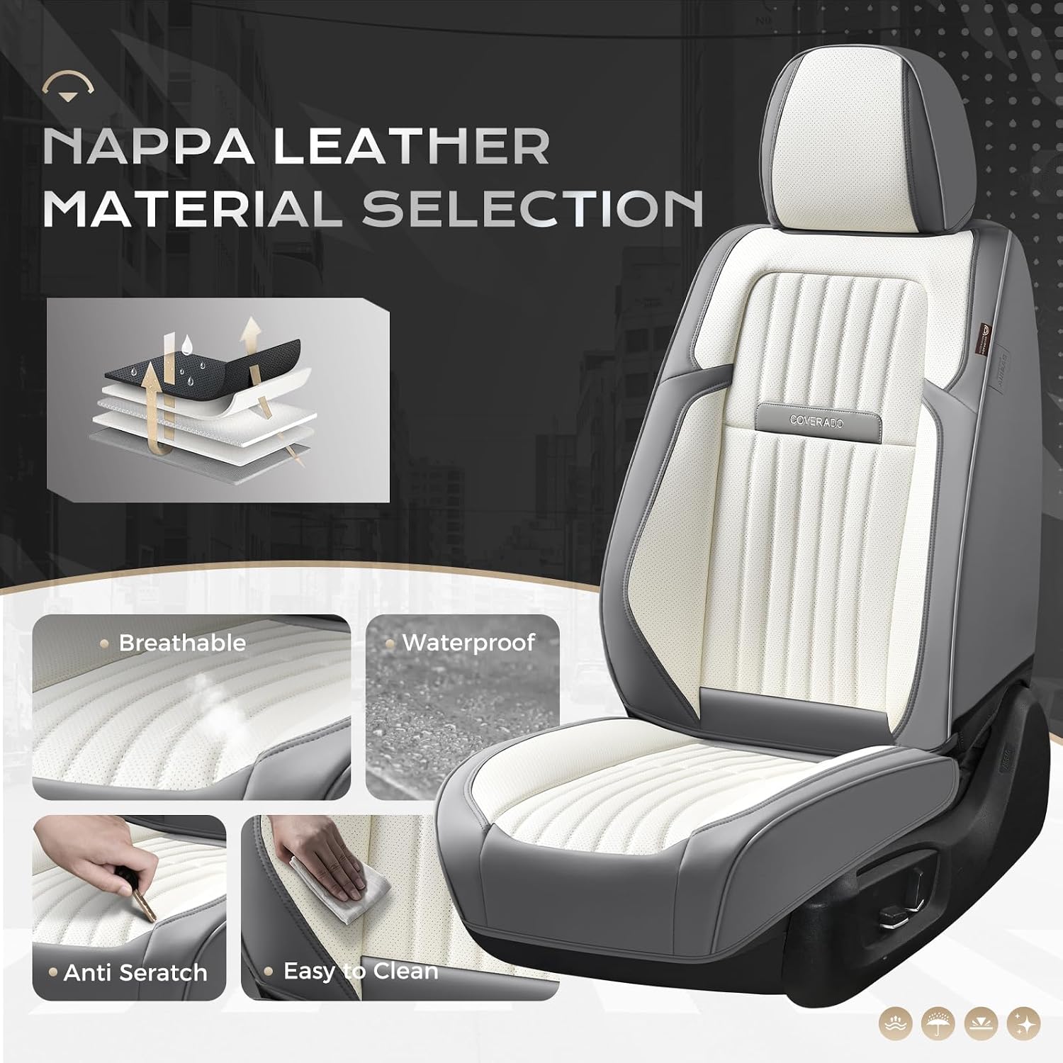Coverado Car Seat Covers Front Seats, Seat Covers for Cars, Car Seat Protector, 2-Pack Car Seat Cushion Nappa Leather, Waterproof Seat Covers Carseat Cover Universal Fit for Most Cars(Gray&White)