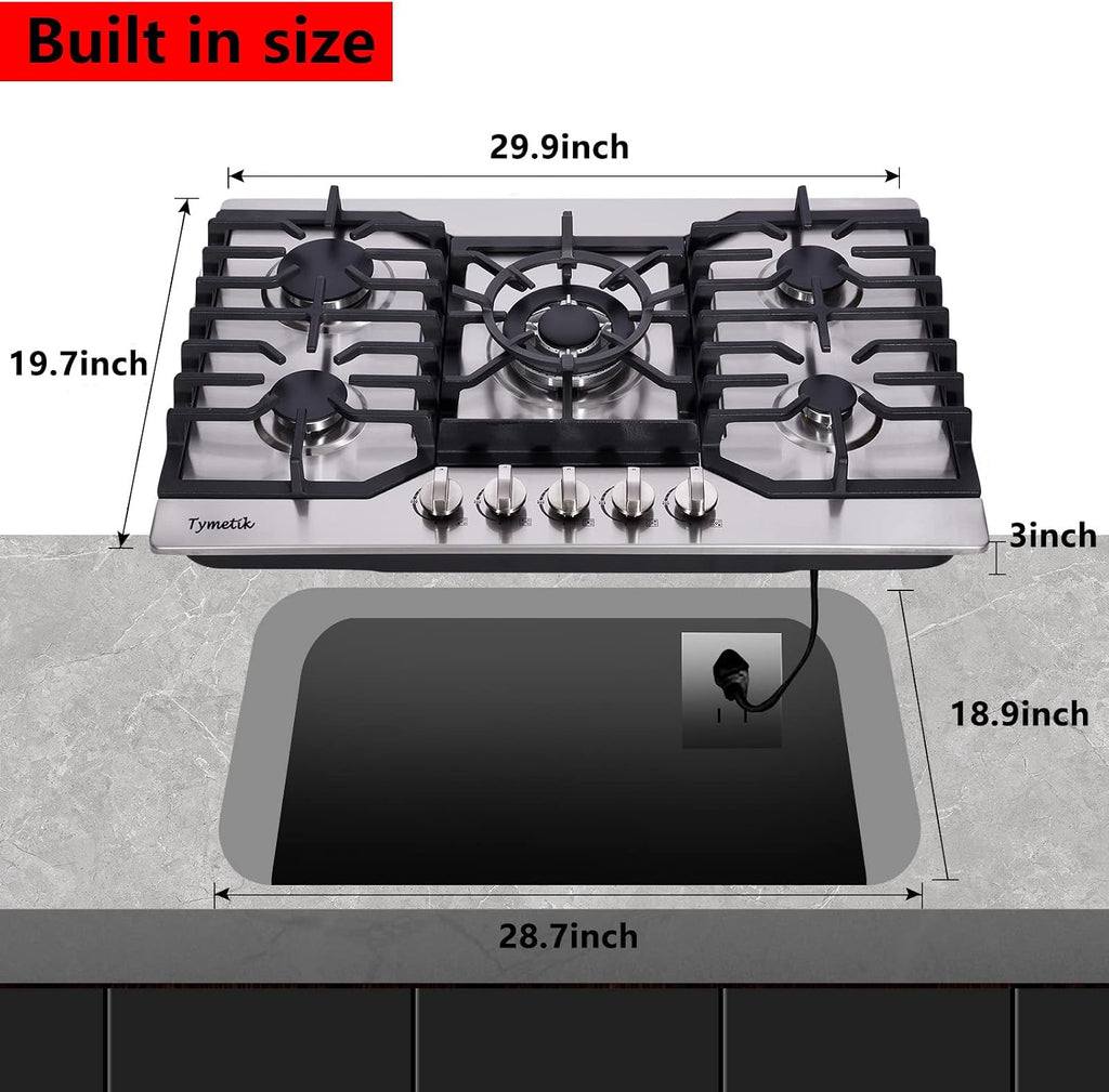 Gas Cooktop 30 Inch, 5 High Efficiency Burners Gas Stovetop Stainless Steel Built-in Gas Stove Top Propane/Natural Gas Convertible Gas Hob