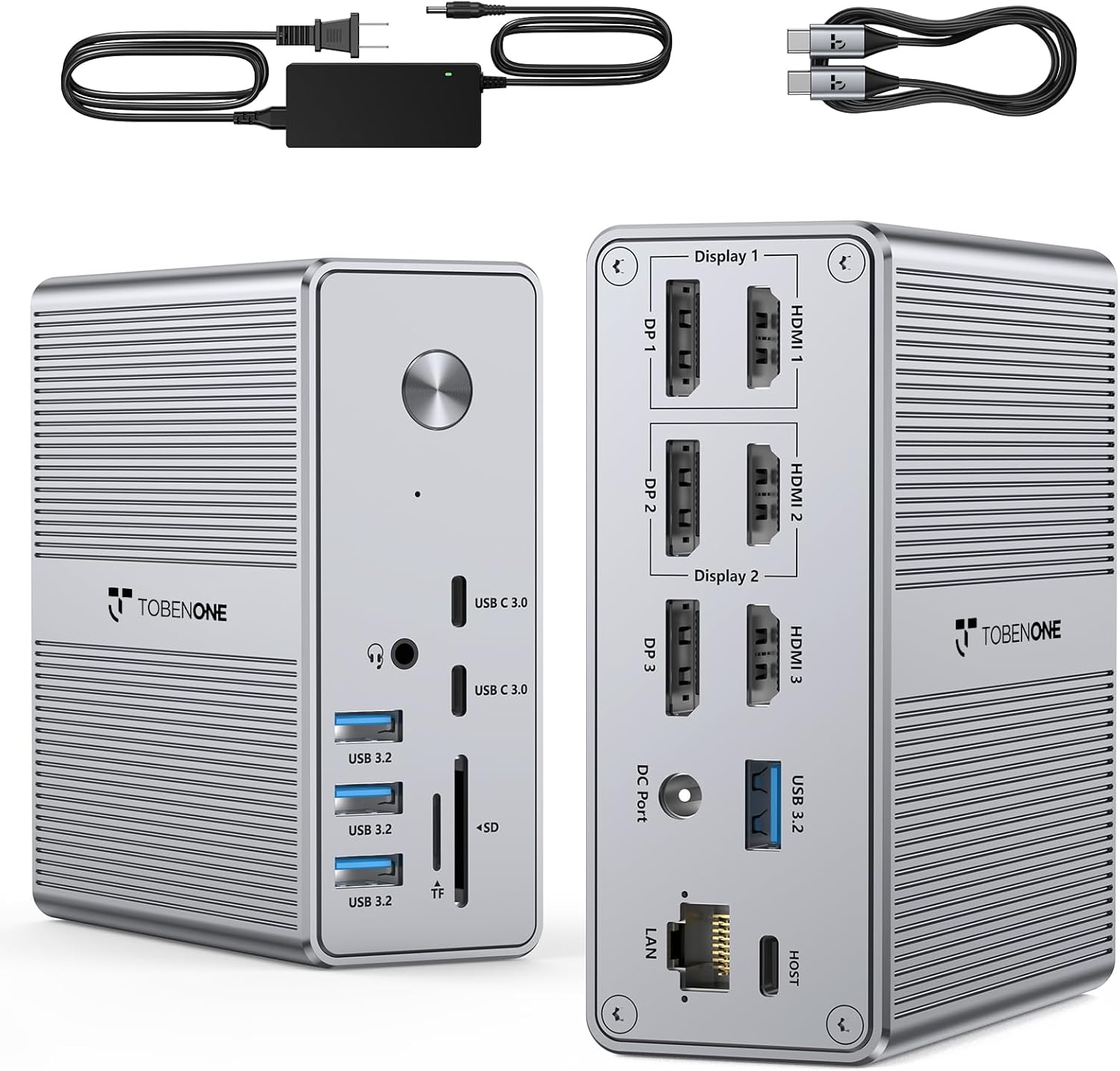 TobenONE DisplayLink Docking Station 3 Monitors with 120W Power Adapter, Triple 4K Display for MacBook Pro/Air, Thunderbolt 4/3, USB-C Windows(3X HDMI, 3X DP, 2xUSB-C, 4xUSB 3.2, SD/TF)