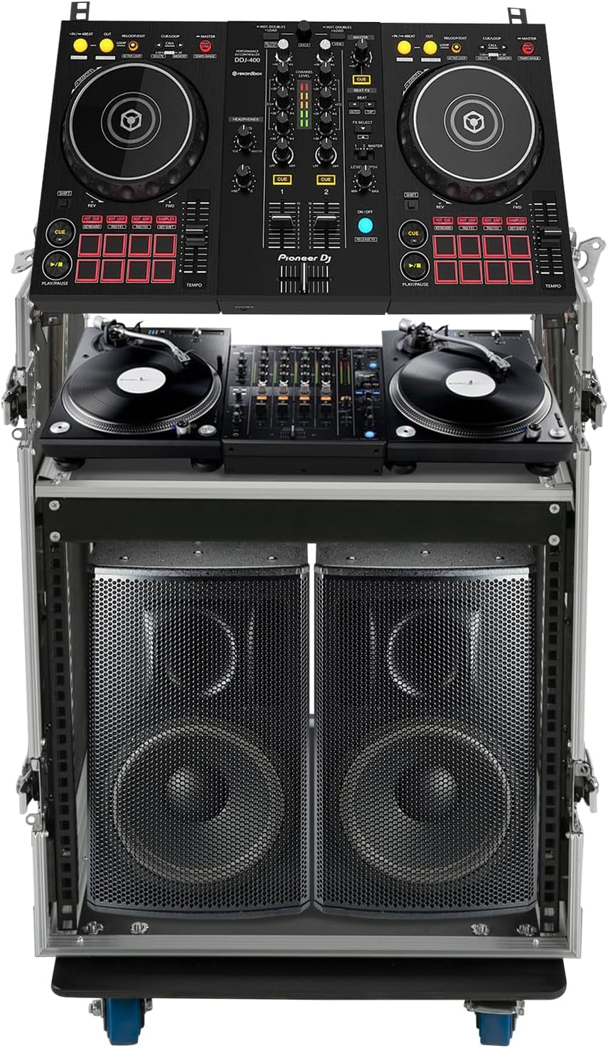 10U Pa Dj Rack/Road Case,Av Rack Case With Wheels,Dj Work Table and Casters,Slant Mixer Top with Spring Handle for Storing Electronic Equipment Such As Amplifiers, Mixers, Microphones, Sequencers Etc