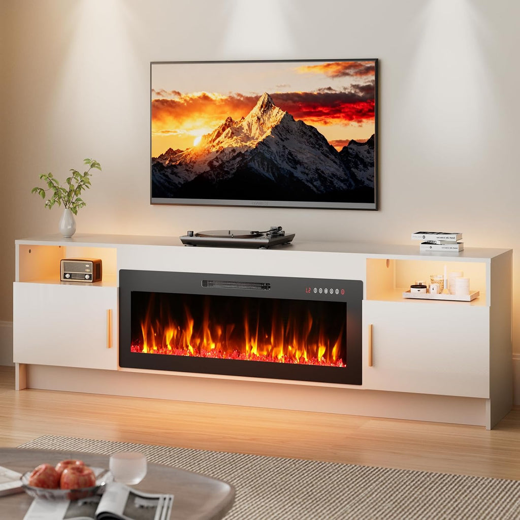 EAG 70 Inche Fireplace TV Stand for TVs up to 80 Inches with 36' Electric Fireplace, Modern Entertainment Center with Glass Shelves, LED Lights, Media TV Console for Living Room, White