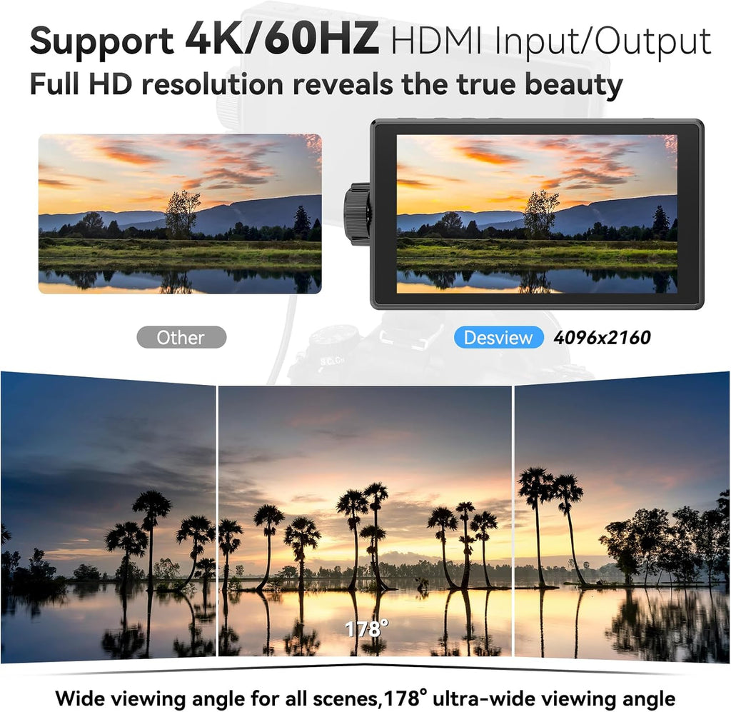 Desview A5 Camera Field Monitor 5.5' 600nits Touch Screen 4K/60Hz HDMI 2.0 in/Out External Camera Monitor for DSLR with 3D LUT Full-Waveform Peaking Focus Assist, Sunshade & NP-F550 Battery Included
