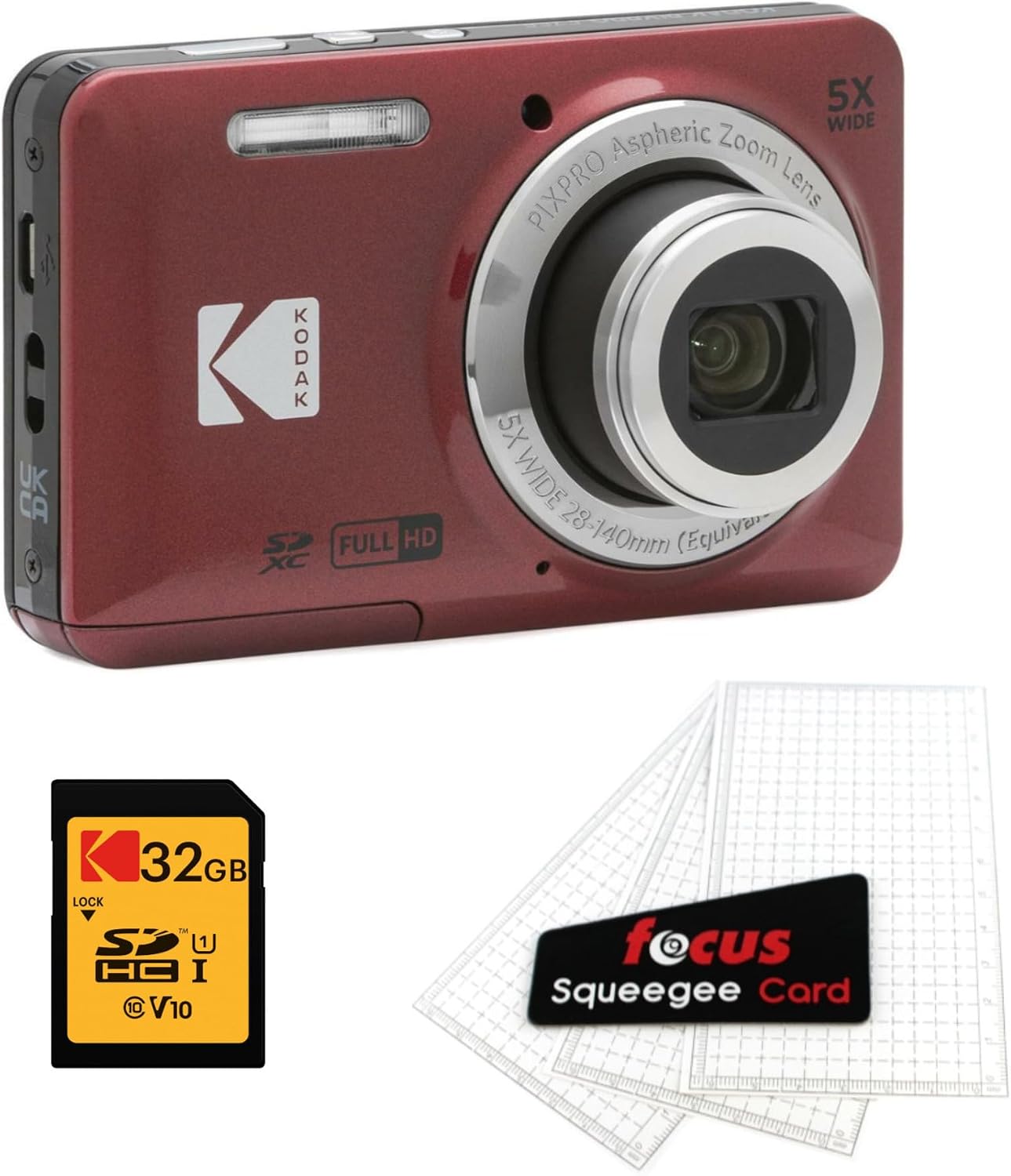 Kodak PIXPRO Friendly Zoom FZ55 Digital Camera (Red) Bundle with 32GB Memory Card and Digital Camera LCD Screen Protectors (3 Items)