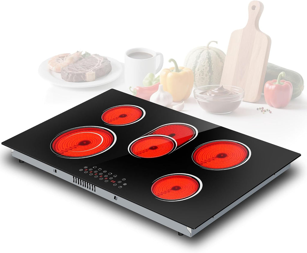 5 Burner Electric Cooktop 36 Inch, Nefaracy Built-in Electric Stove Top 8400W, 36'' Ceramic Cooktop with Touch Control, BBQ Burner, Timer & Pause, Safety Lock, 220V Hard Wire