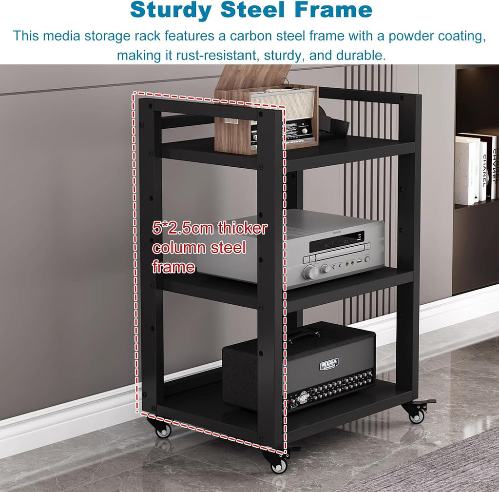 6 Tier Audio Rack Tower, Heavy-Duty AV Media Stand, Adjustable Shelves, Media Storage Cabinet for Amplifier, Record Players, Audio-Visual Equipment(Black)