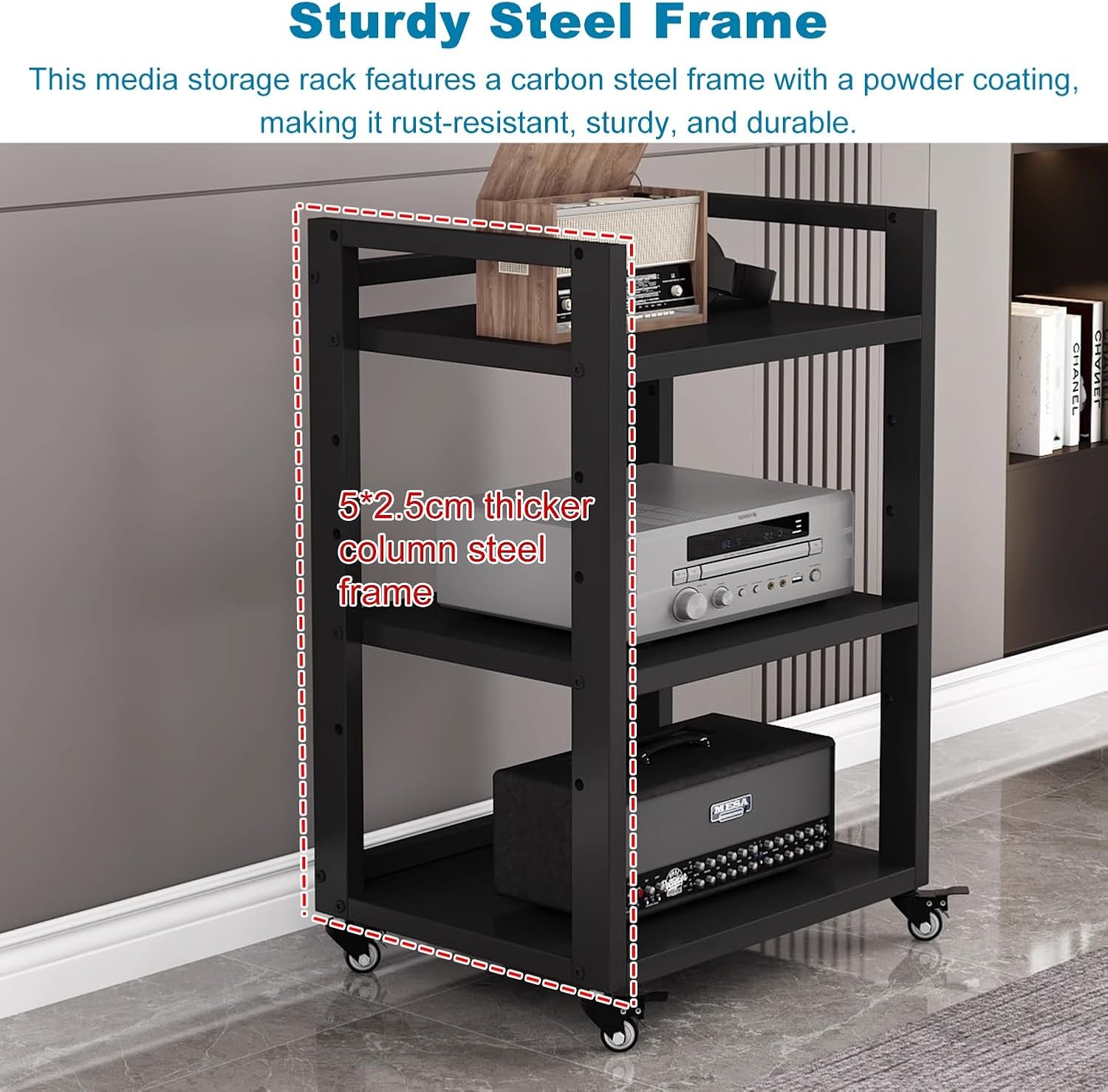 6 Tier Audio Rack Tower, Heavy-Duty AV Media Stand, Adjustable Shelves, Media Storage Cabinet for Amplifier, Record Players, Audio-Visual Equipment(Black)