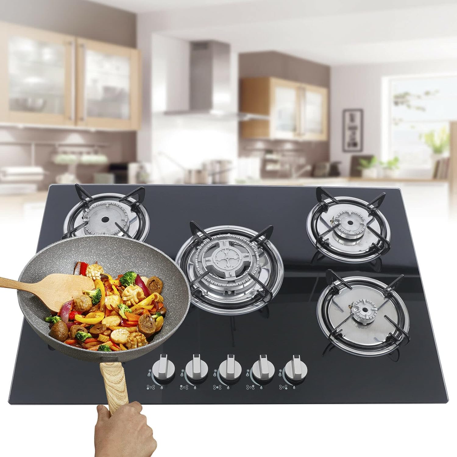 30' Gas Cooktop, Built-in 5 Burners Gas Stove Gas Hob Stovetop Thermocouple Protection Gas Range, Tempered Glass Cooktop Porcelain Ena Grates, Natural Gas LPG Gas Easy to Clean, 30.3'*20'