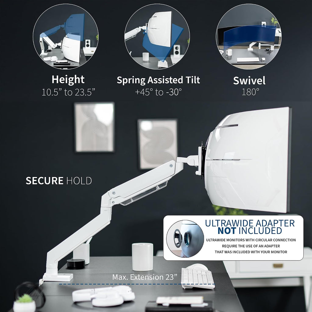 VIVO Premium Aluminum Heavy Duty Monitor Arm for Ultrawide Monitors up to 49 inches and 33 lbs, Single Desk Mount Stand, Pneumatic Height, Max VESA 100x100, White, STAND-V101G1W