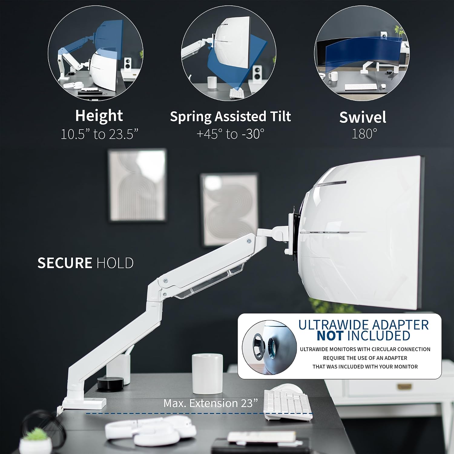 VIVO Premium Aluminum Heavy Duty Monitor Arm for Ultrawide Monitors up to 49 inches and 33 lbs, Single Desk Mount Stand, Pneumatic Height, Max VESA 100x100, White, STAND-V101G1W