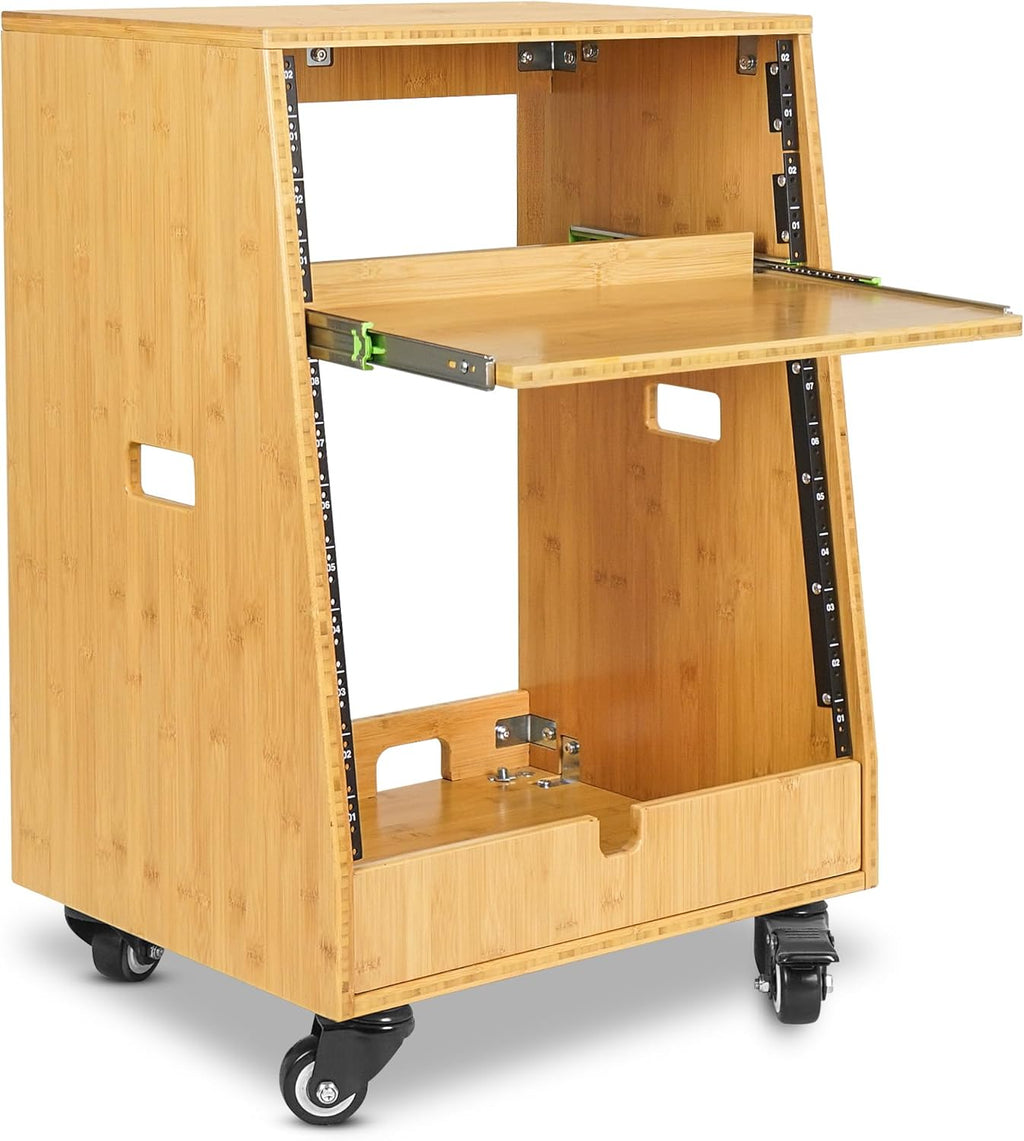 Sound Town DIY Solid Carbonized Bamboo Slanted 12U Studio Rack (4U Top + 8U Lower), with 2U Bottom Storage, Slide-Out Tray, Caster, For Recording Room, Home Studio (STBR-ST12T)