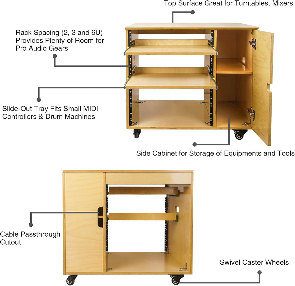 Sound Town DIY 11U Solid Baltic Birch Plywood Plywood Studio Rack with Slide-Out Trays, Cabinet, Casters, Golden Oak, for Recording Room, Home Studio (SDRK-CR11)