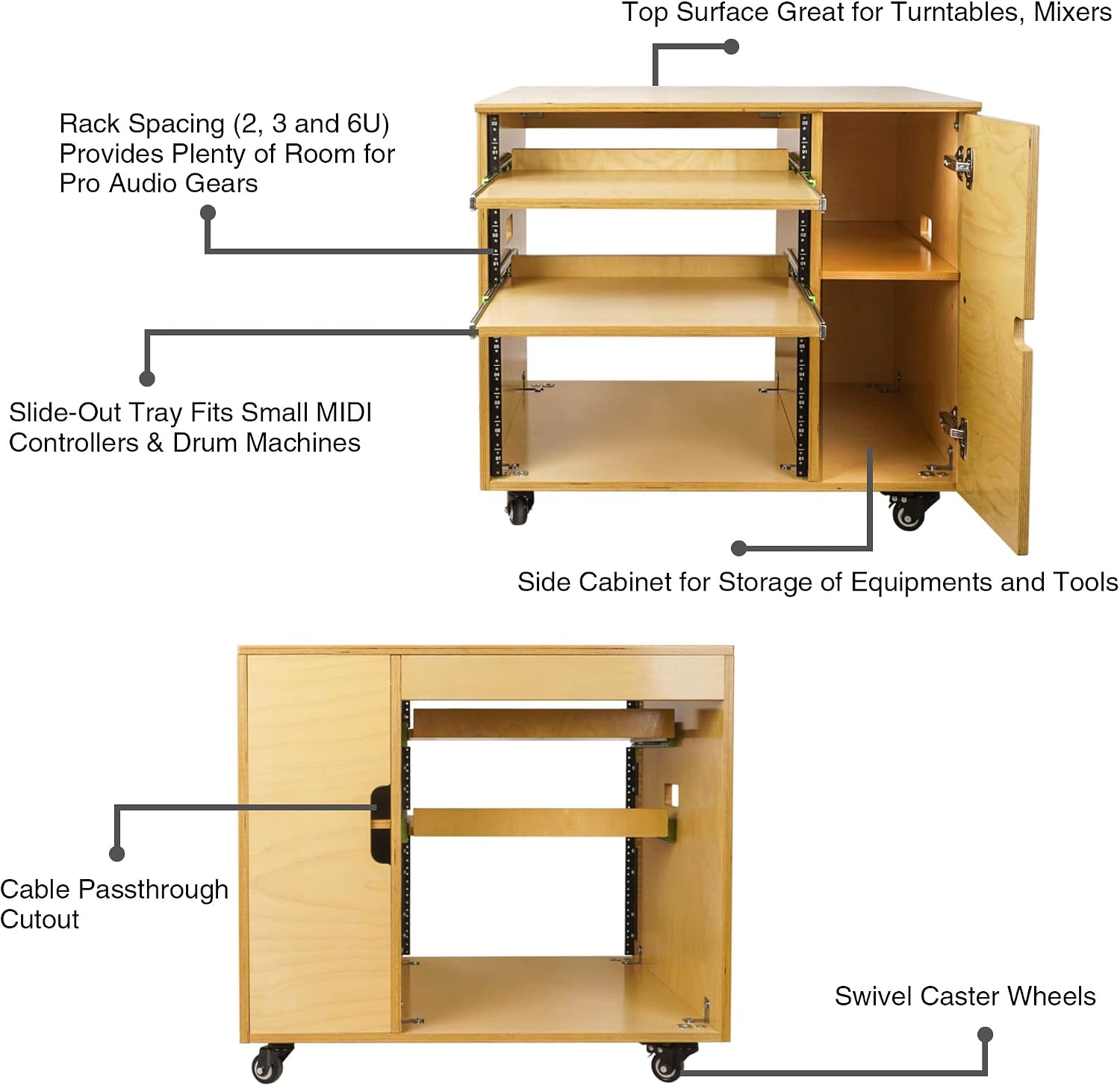 Sound Town DIY 11U Solid Baltic Birch Plywood Plywood Studio Rack with Slide-Out Trays, Cabinet, Casters, Golden Oak, for Recording Room, Home Studio (SDRK-CR11)