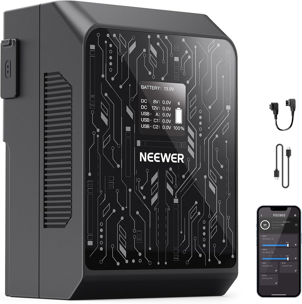 NEEWER Mini V Mount Battery Smart APP Control, 6800mAh 99Wh 14.5V 100W PD Fast Charging, OLED, Backup Power Supply Compatible with BMPCC 4k 6k Camcorder, USB C for Camera Monitor Video Light, PS099S
