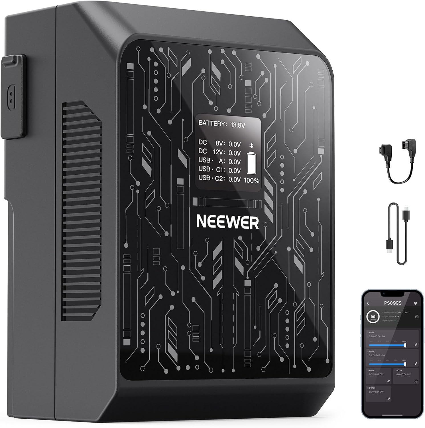 NEEWER Mini V Mount Battery Smart APP Control, 6800mAh 99Wh 14.5V 100W PD Fast Charging, OLED, Backup Power Supply Compatible with BMPCC 4k 6k Camcorder, USB C for Camera Monitor Video Light, PS099S