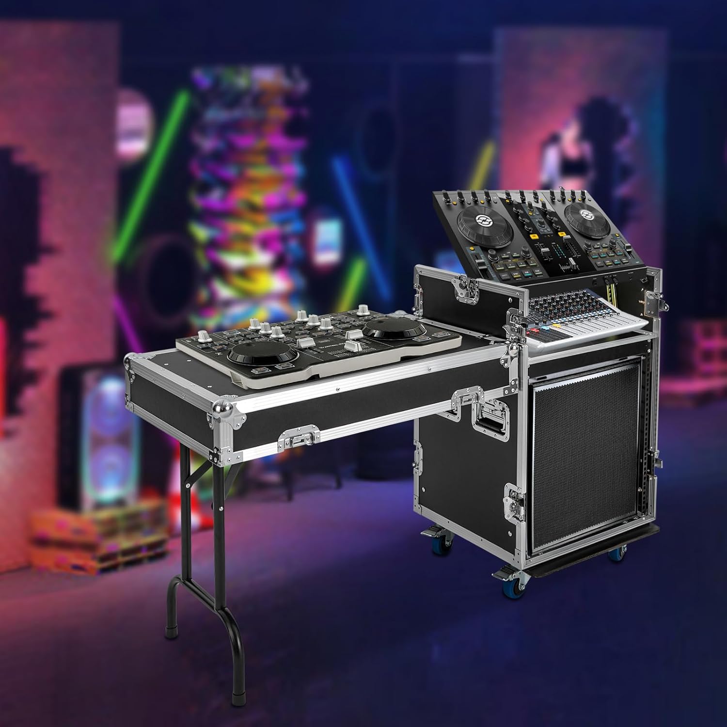12U PA DJ Rack with DJ Table Tops, 661LBS Recording Studio Racks Audio Equipment Cabinet, Mobile Stereo Rack with Lockable Wheels for Studio/Wedding (12U)
