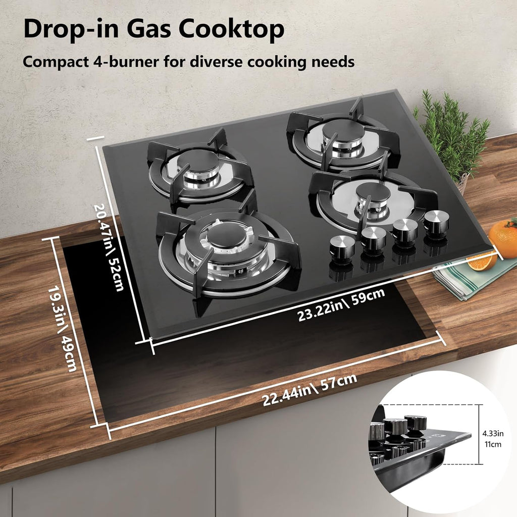 Gas Stove Top 4 Burners 24inch, Built-in Glass Gas Cooktop Propane Neutral Gas Convertible Stovetop, NG/LPG Dual Fuel Stovetop for Home, RVs