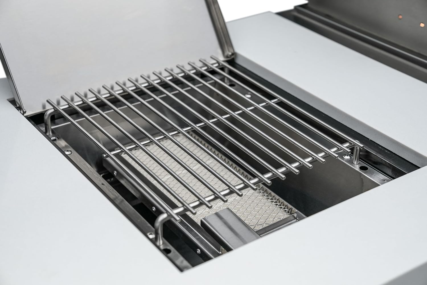 Mont Alpi Black Series Stainless Steel 94'W x 23'D Modular Outdoor Kitchen Island + Side Burner + Refrigerator + 44'W 6-Burner BBQ Gas Grill + White Granite Countertops + Storage Cabinets & Drawers