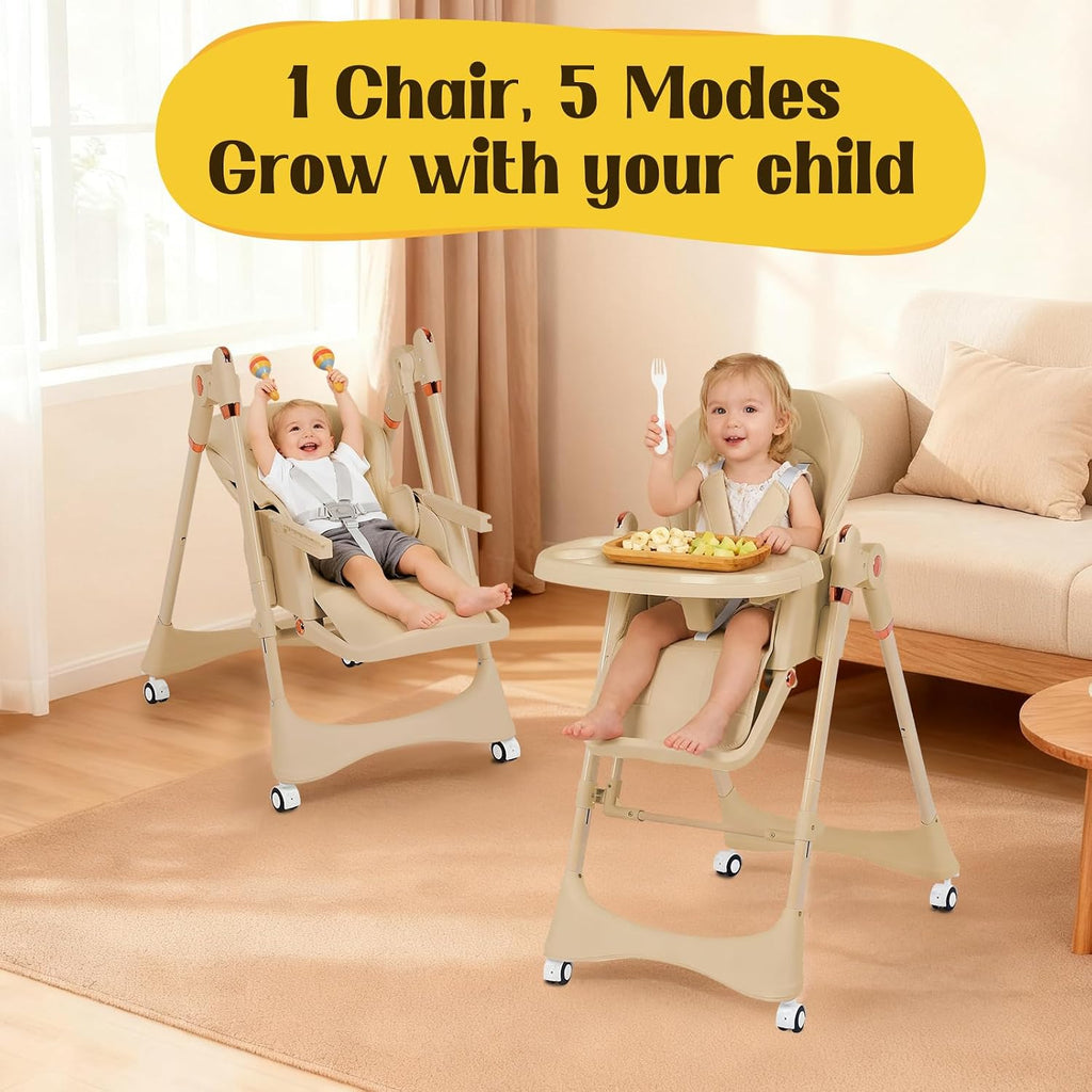 6-in-1 Convertible High Chair with Rocker | Baby High Chair for Newborn to Toddler (0-3 Years) | Adjustable, Foldable & Easy-Clean with Dishwasher Safe Tray & Tool-Free Assembly, Brown