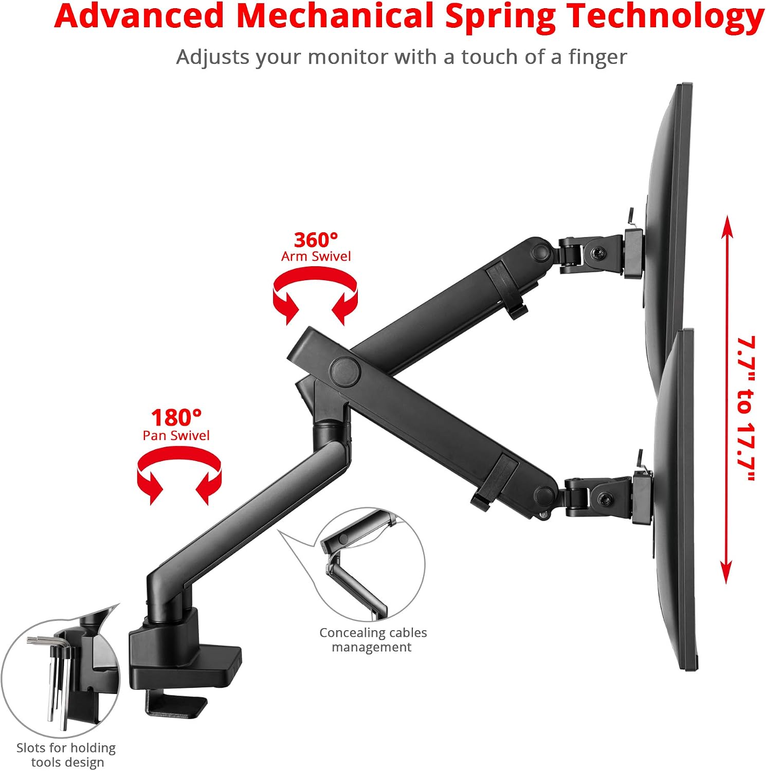 SIIG Aluminum Mechanical Dual Monitor Arm Mount - Height Adjustable Desk Mount for 17in to 32in Screens - 17.6lbs Each Arm - VESA 75x75mm 100x100mm, Black