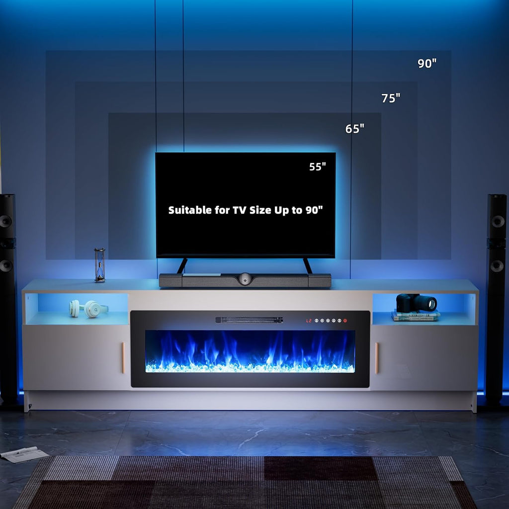 EAG 80' Electric Fireplace TV Stand with 42 inch Fireplace Up to 90' TVs, Entertainment Center with with Storage Cabinet & LED Lights, Modern Media Console for Living Room, White