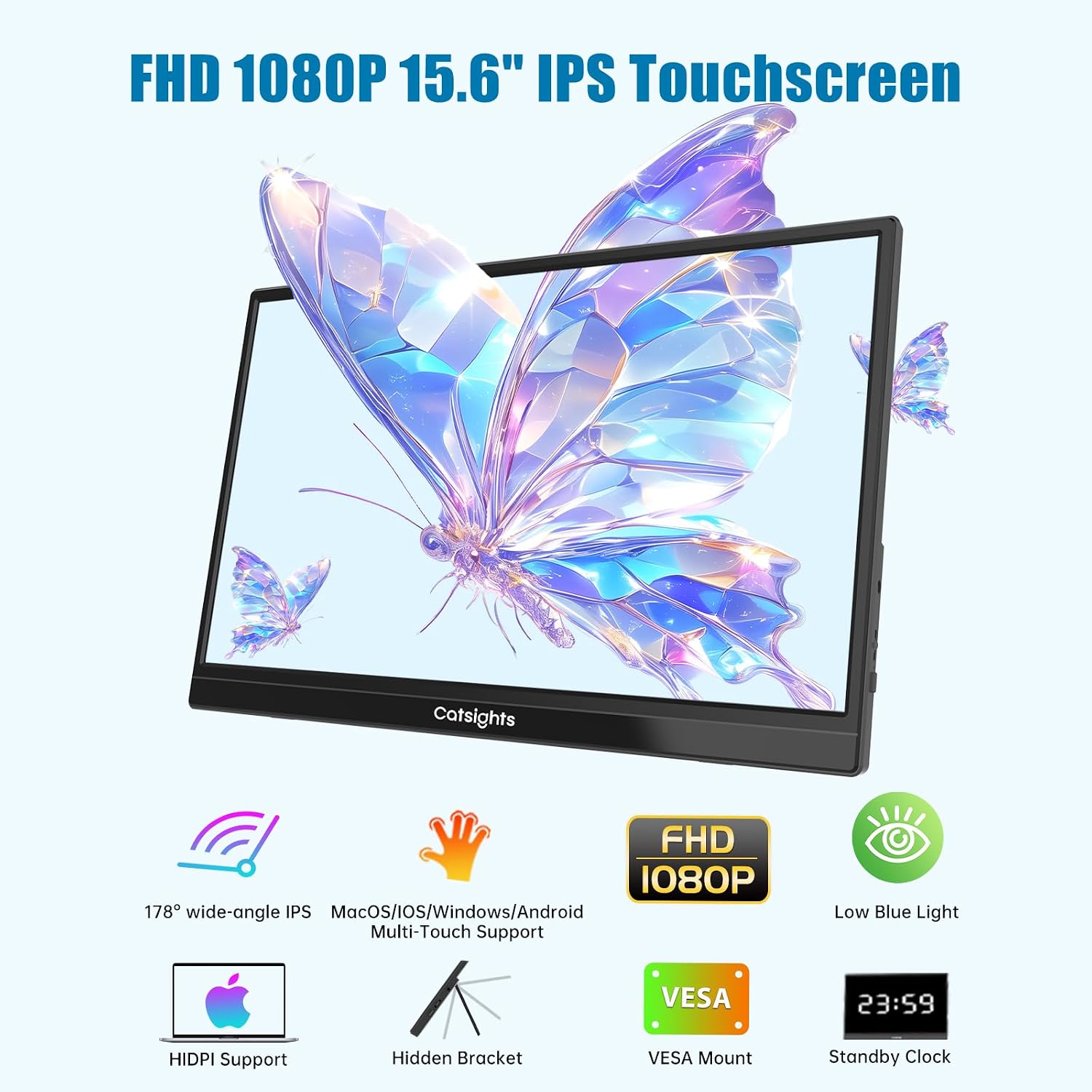 15.6 inch Portable Monitor Touchscreen for Mac FHD 1080P Touch Screen Monitor Equipped with USB-C/HDMI Ports VESA Stand HDR IPS Panel Multi-Touch Support for MacOS iOS Laptop PC Switch