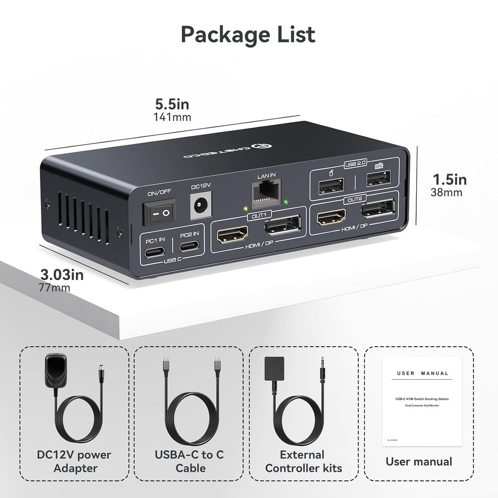 USB C KVM Switch Docking Station for 2 Montors 2 Laptops or MacBook with Displaylink,14-in-1 Thunderbolt Docking Station Support Extended/Copy Mode with 4K@60Hz HDMI and Displayport Dual Display Out