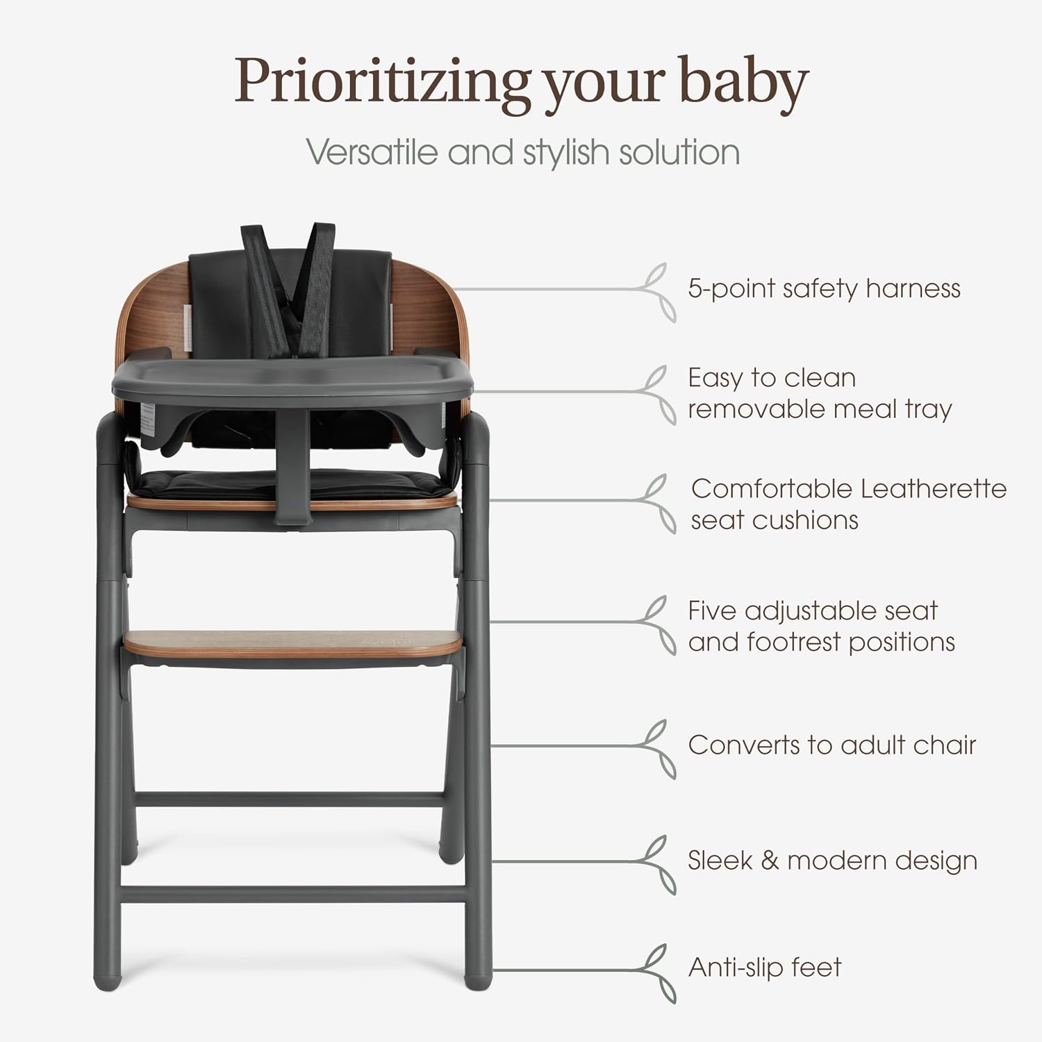 Evolur Step and Savor Baby High Chair, Converts to Adult Stool, 5 Position Adjustable Height and Footrest Positions Portable High Chair, Removable Tray, Easy to Clean and Removable Cushion