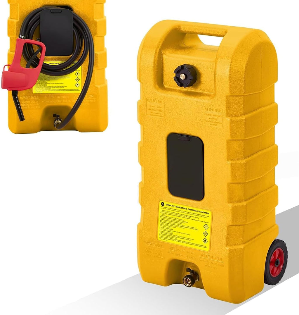 15 Gallon Portable Gas Tank with Caster,LE Fluid Transfer Siphon Pump,Fuel Caddy With 10Ft Hose. Delivery Hose Diesel Fuel Gas Can for Cars, Lawn Mowers, Boats Red/Gray/Yellow, Portable Diesel Can