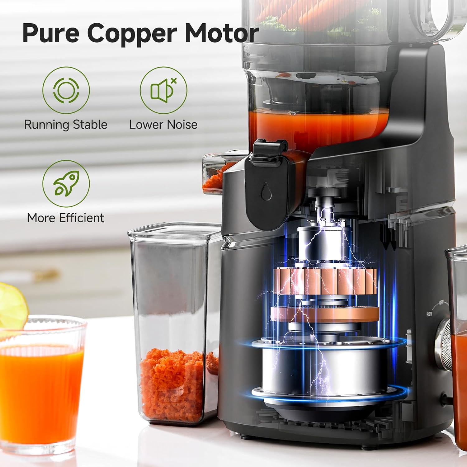 AMZCHEF Cold Press Juicer – 5.8' Wide Mouth Hopper for Whole Recipe Loading, Self Feeding for Hands-Free Operation, Zero Waste Masticating Juicer For More Juice, Less Pulp – Triple Strainers