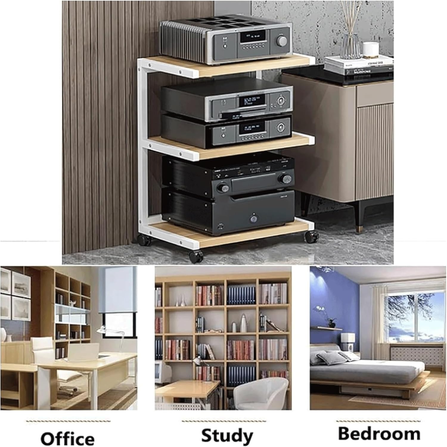 Audio Rack 2/3 Tier Stereo Rack Audio Equipment Rack Audio Stereo Shelf Wooden Open Audio-Video Shelving with 360° Swivel Wheels(Nero,61cm)