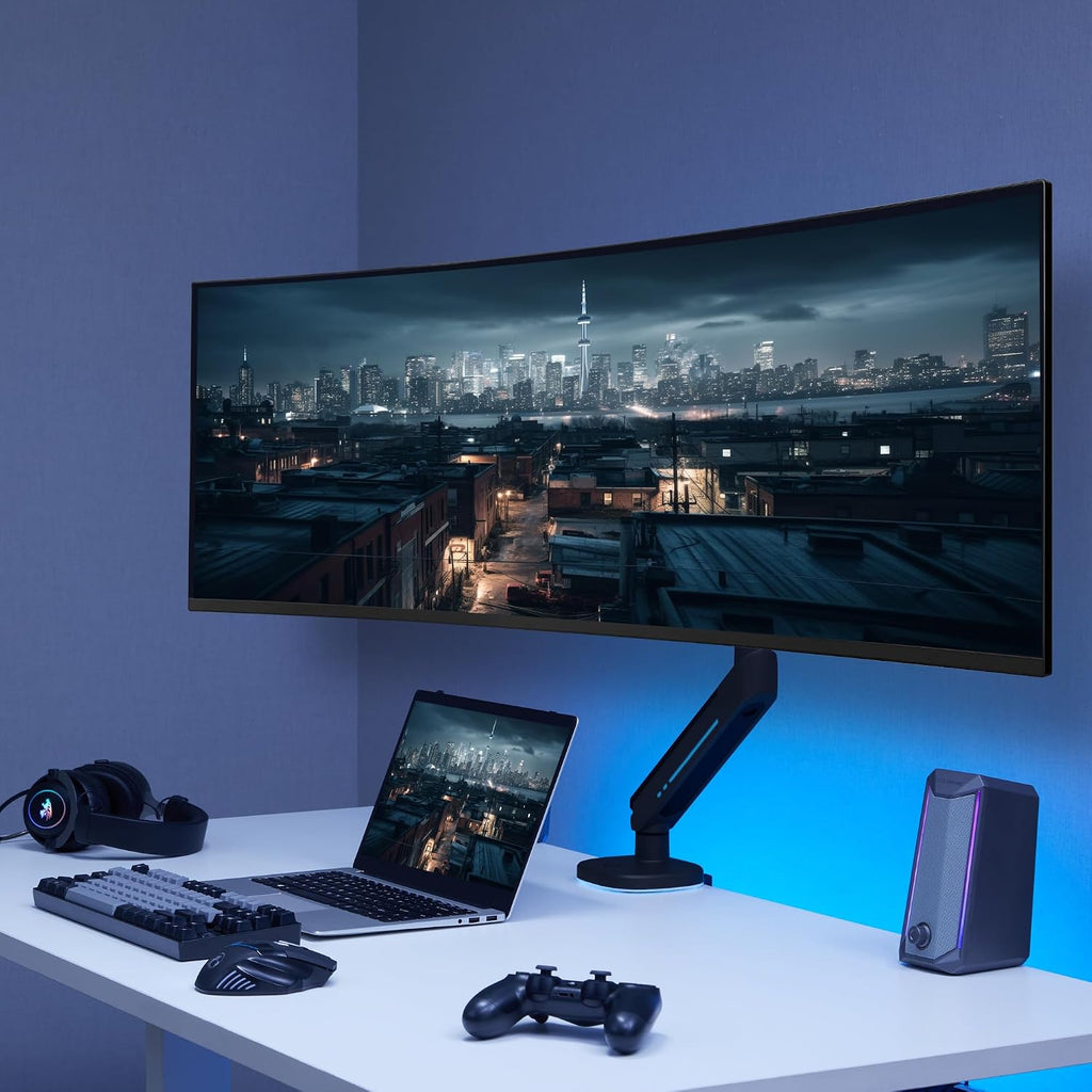 AVLT Single 27'-45' RGB Gaming Monitor Arm Desk Mount Built-in 20 Lighting Modes Touch Button Control Fits Flat/Curved/Ultrawide Screen Height Swivel Tilt Rotation Adjustable Stand -Black