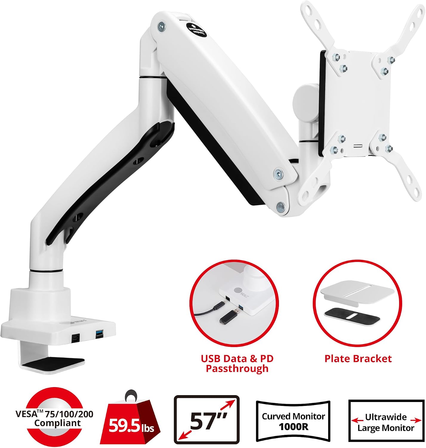 SIIG Ultra Heavy Duty Single Monitor Arm Desk Mount with USB A/C for Ultrawide Monitors up to 57 inches and 59.5 lbs - VESA 75/100/200, C-Clamp and Grommet (CE-MT3Z11-S1)