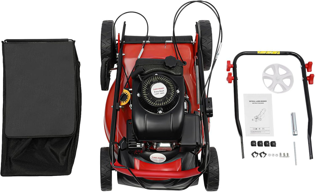 Self Propelled Gas Lawn Mower, 140cc 4-Stroke 4000W 20.5 in High Wheel Lawnmower Gas Walk Behind Handle Lawn Mower with 60L/15.85gallon Capacity Bag &8 Position Height Adjustable for Lawn Weeding