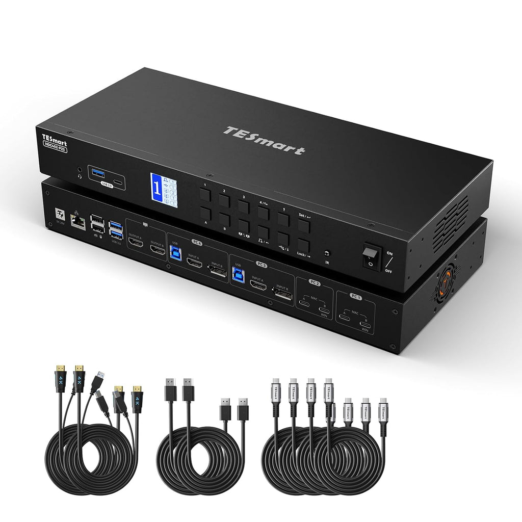 TESmart USB-C + HDMI + DP KVM Switch 4 Computers 2 Monitors 4K@60Hz, USB 3.0 KVM Switch Dual Monitor for Laptop&Desktop, EDID Emulation, Gigabit Network, Hotkey Switch, Input Cables