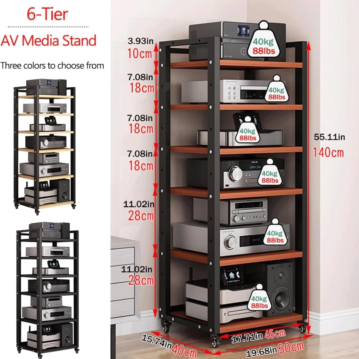 Audio Rack Movable Stereo Rack Adjustable Audio Equipment Rack Audio Open AV Stand Wooden with Wheels HiFi Rack Audio-Video Shelving(Nero,6Tier)