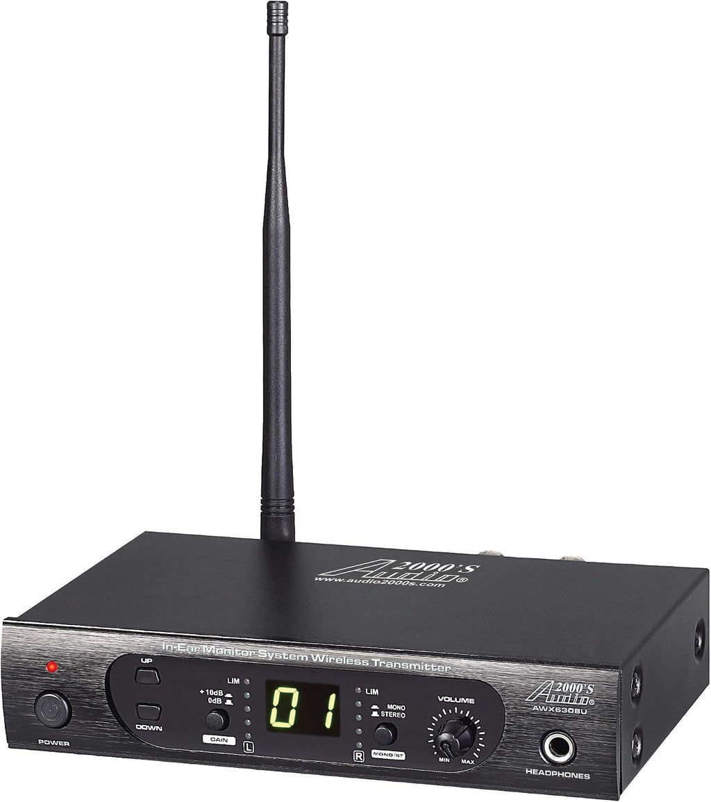 AUDIO 2000'S AWM6308U UHF 100 Selectable Frequency Wireless in-Ear Monitor System with One Wireless Receivers, One Wireless Transmitter, and a PVC Carrying Case