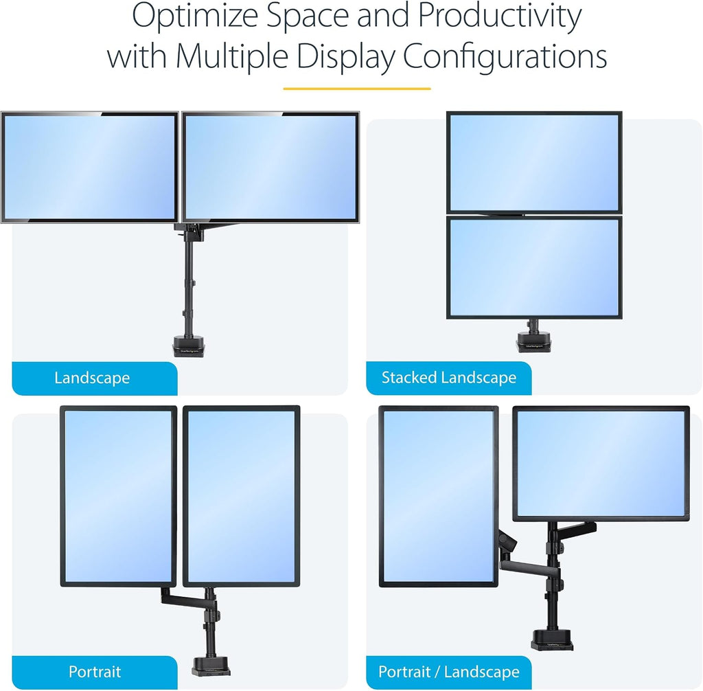 StarTech.com Desk Mount Dual Monitor Arm, Height Adjustable Mount for 2X VESA Displays up to 32' (17.6lb/8kg), Mechanical Spring