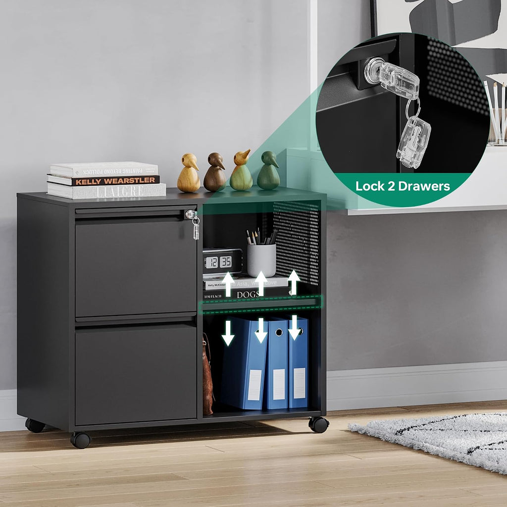 Letaya Mobile File Cabinet, Metal Lateral Rolling Printer Stand Filing Cabinets with Shelves for Home Office-Storage A4/F4 (Black)