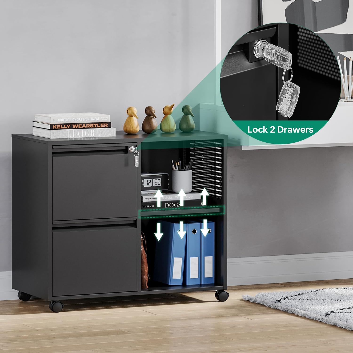 Letaya Mobile File Cabinet, Metal Lateral Rolling Printer Stand Filing Cabinets with Shelves for Home Office-Storage A4/F4 (Black)