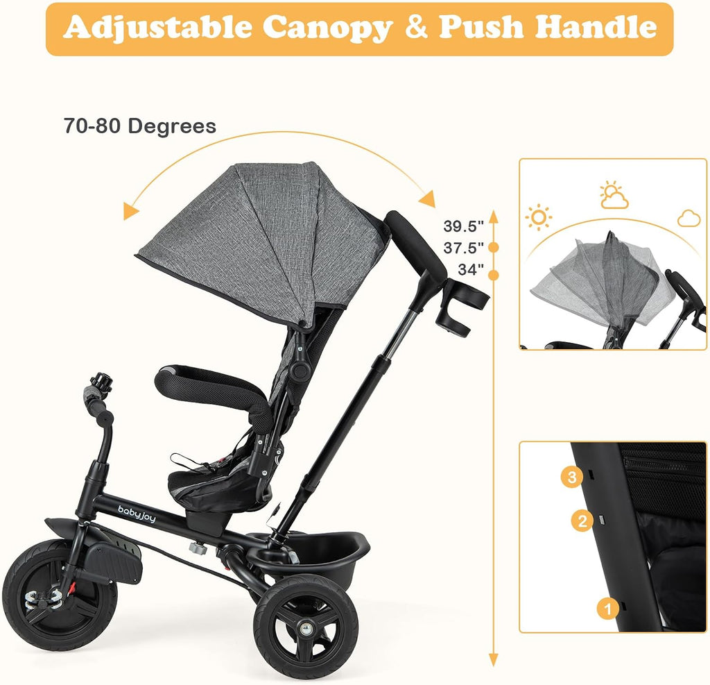 BABY JOY Tricycle, 6 in 1 Trike for Toddler w/Reversible Seat, Adjustable Canopy & Parent Handle, 5-Point Safety Belt, PU Wheels and Storage Basket, Push Tricycle for 9-60 Months (Gray)