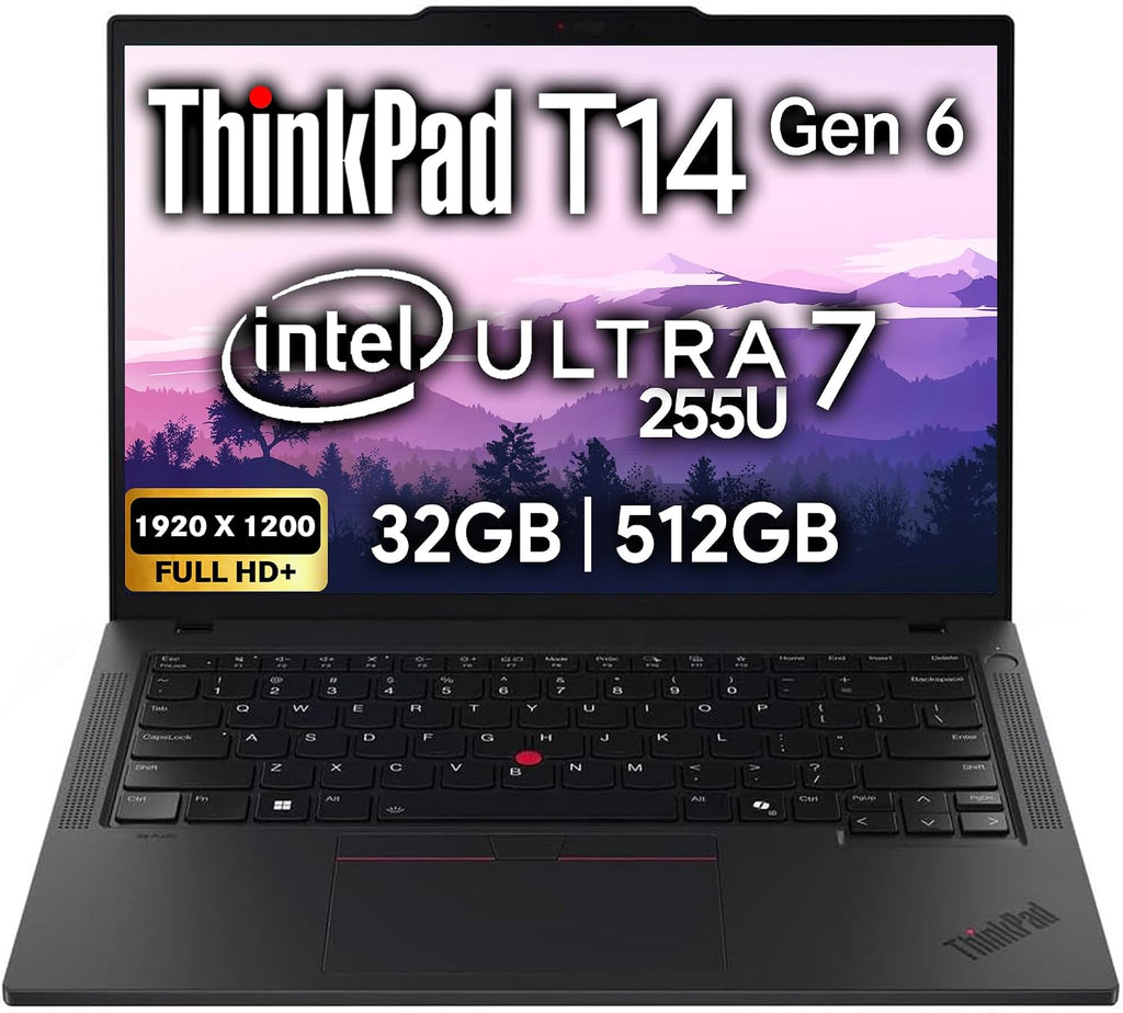 Lenovo ThinkPad T14 Gen 6 Business Laptop 14' FHD+ IPS, Intel Ultra 7 255U, 32GB DDR5 RAM, 512GB SSD, 5MP Webcam, Fingerprint, Backlit, Wi-Fi 6E, 2 Thunderbolt 4, AI PC, W11P