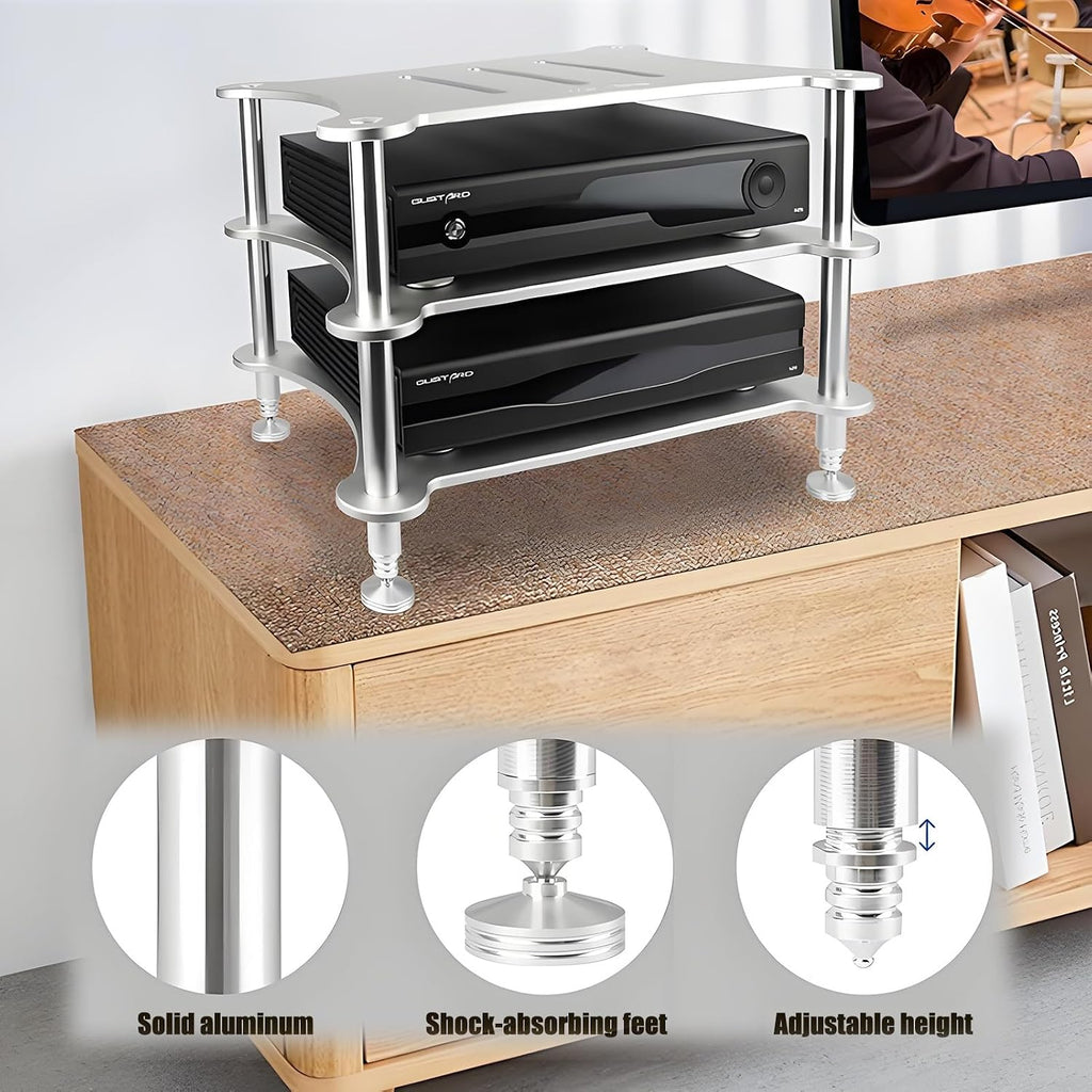 Mini HiFi Media Stand, Aluminum Audio Rack, Open Storage Shelf, Small Media Storage Cabinet for HiFi Audio Equipment DAC Amplifier Amp
