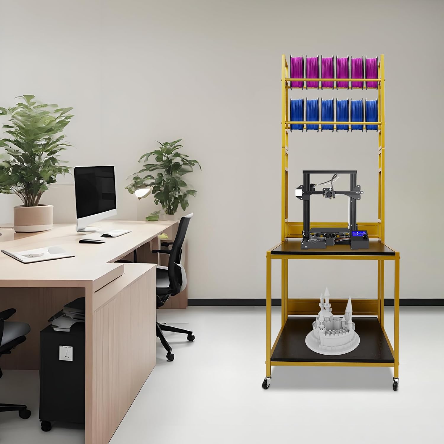 3D Printer Filament Storage Rack 3D Printer Stand with Double Layer, Heavy Duty Mobile Printer Table with Wheels for 3D Printing Station, Office, Workshop (Gold)