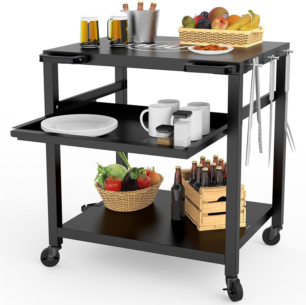 NUUK Outdoor Grill Prep Table 24'x30' Metal Grill Cart Outside 3-Layer Pizza Oven Table Movable with Universal Wheels for BBQ Backyard Patio