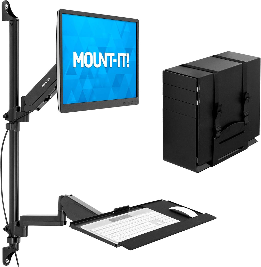 Mount-It! Single Monitor Arm Wall Mount Workstation with Keyboard Tray & CPU Holder, Height Adjustable Gas Spring Full Motion Computer Station, Fits 17–32' VESA 75x75 100x100, Black
