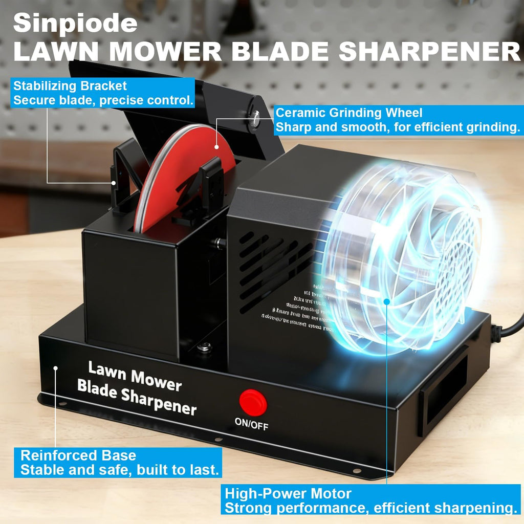 UPGRADED 120V 1.0 HP 700W Lawn Mower Blade Sharpener, 1800 RPM High-Speed Grinder with Safety Spark Guard & Ball Bearings, Fits Straight, Mulching & Gator Blades, Enhanced User & Workspace Safety