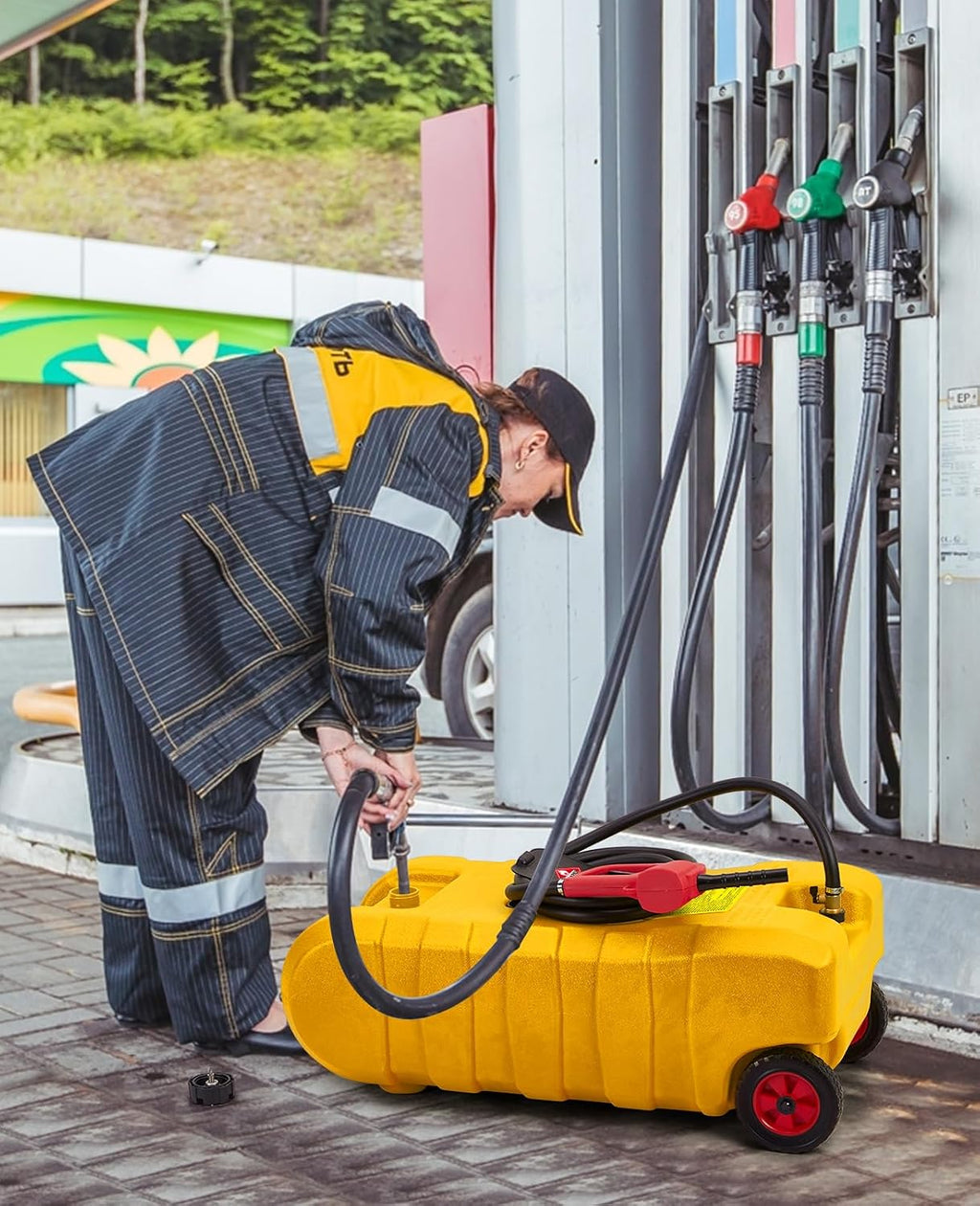 15 Gallon Portable Gas Tank with Caster,LE Fluid Transfer Siphon Pump,Fuel Caddy With 10Ft Hose. Delivery Hose Diesel Fuel Gas Can for Cars, Lawn Mowers, Boats Red/Gray/Yellow, Portable Diesel Can